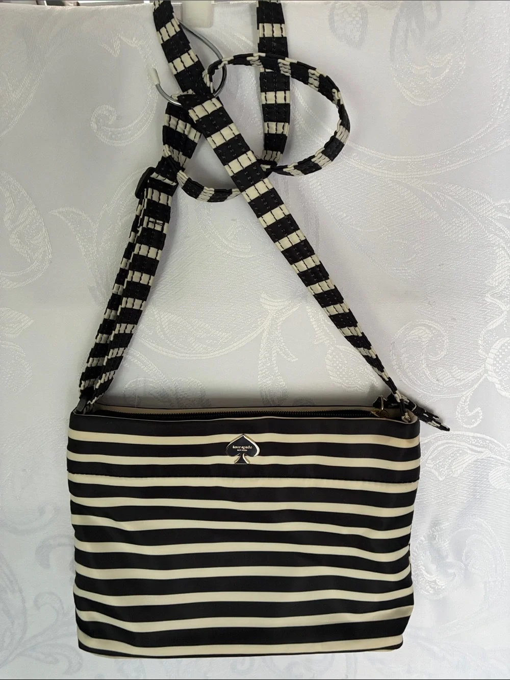 kate spade Black and Cream Striped Shoulder Bag with Spade Logo